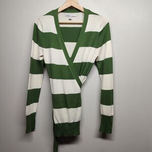 Old Navy Knit Wrap Sweater Women Size M Green Stripes Waist Tie Modest Casual